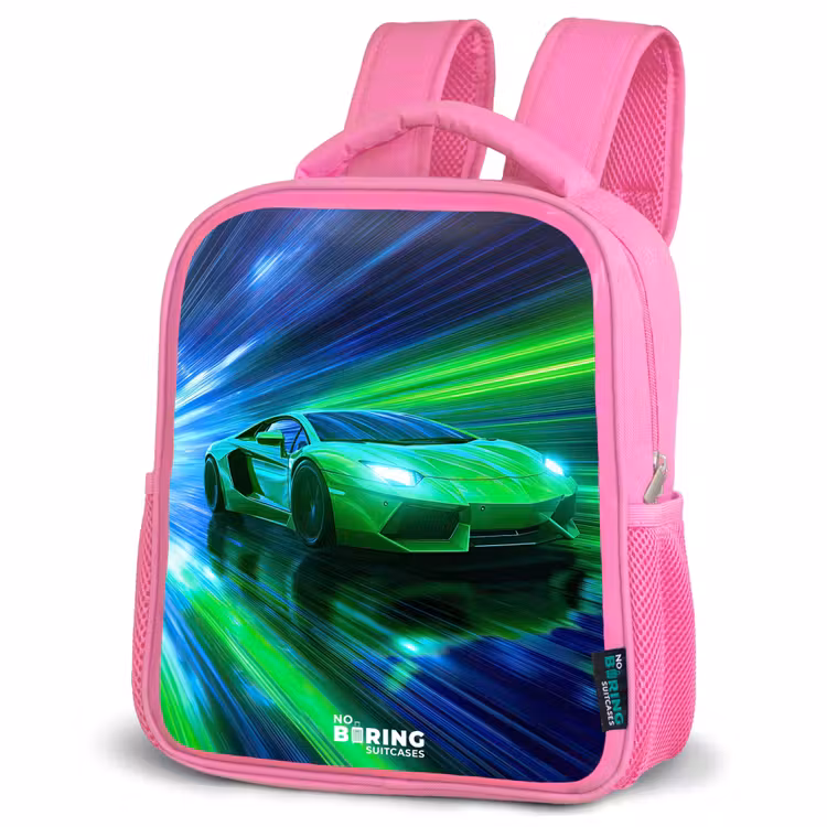 Sac à dos enfant - Rose - Voiture de course - Vert vif - Faisceaux lumineux - Vitesse — 4