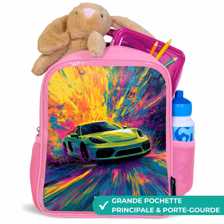 Sac à dos enfant - Rose - Voiture de sport - Explosion - Coloré - Rayures de peinture — 2