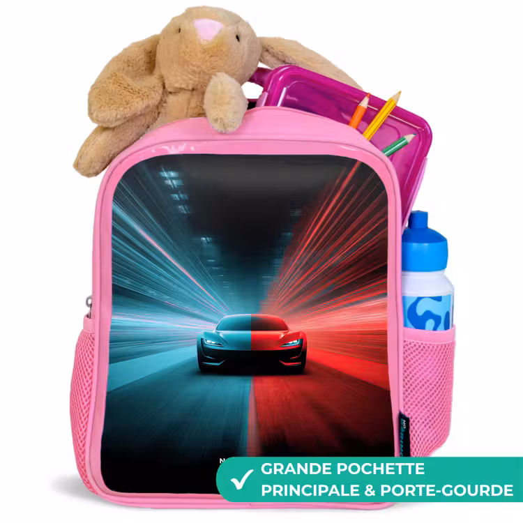 Sac à dos enfant - Rose - Voiture de sport - Faisceaux lumineux - Néon - Bleu — 2