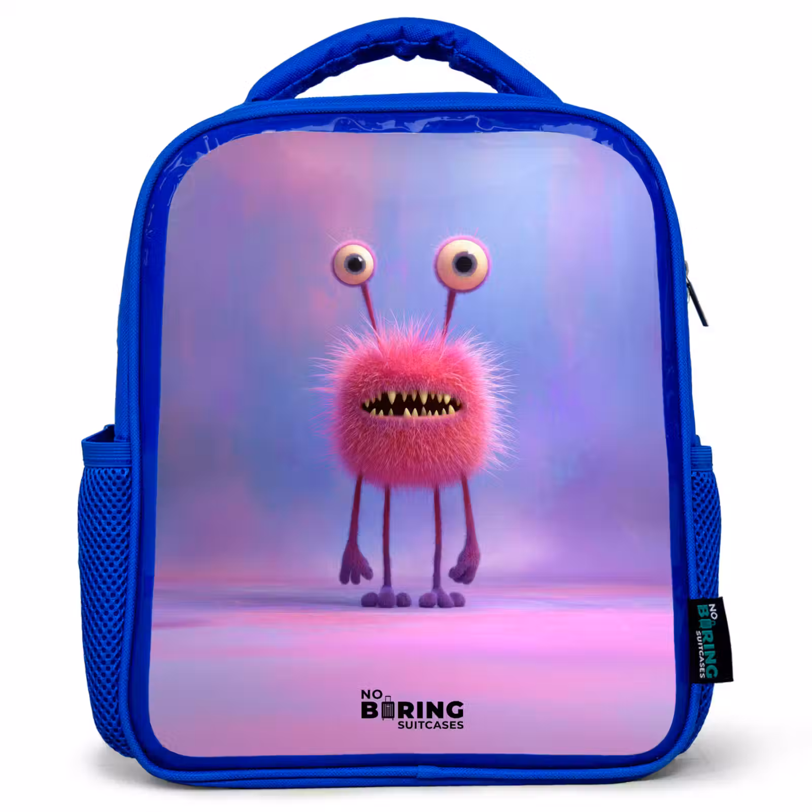 Sac à dos enfant - Bleu - Monstre rose à fourrure avec de grands yeux — 1