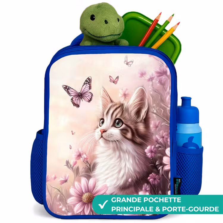 Sac à dos enfant - Bleu - Chat - Mauve - Papillons - Fleurs — 5