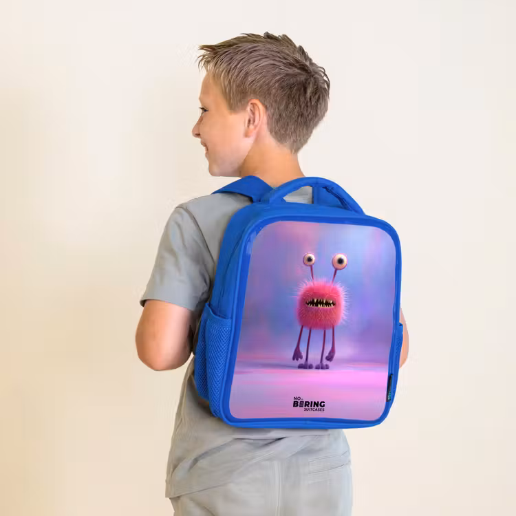 Sac à dos enfant - Bleu - Monstre rose à fourrure avec de grands yeux — 2