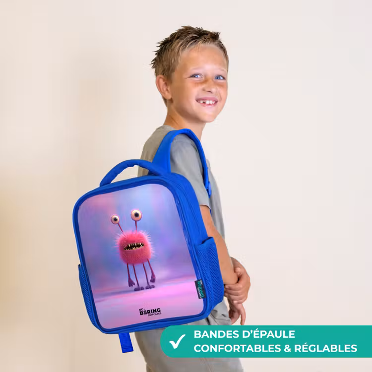Sac à dos enfant - Bleu - Monstre rose à fourrure avec de grands yeux — 4