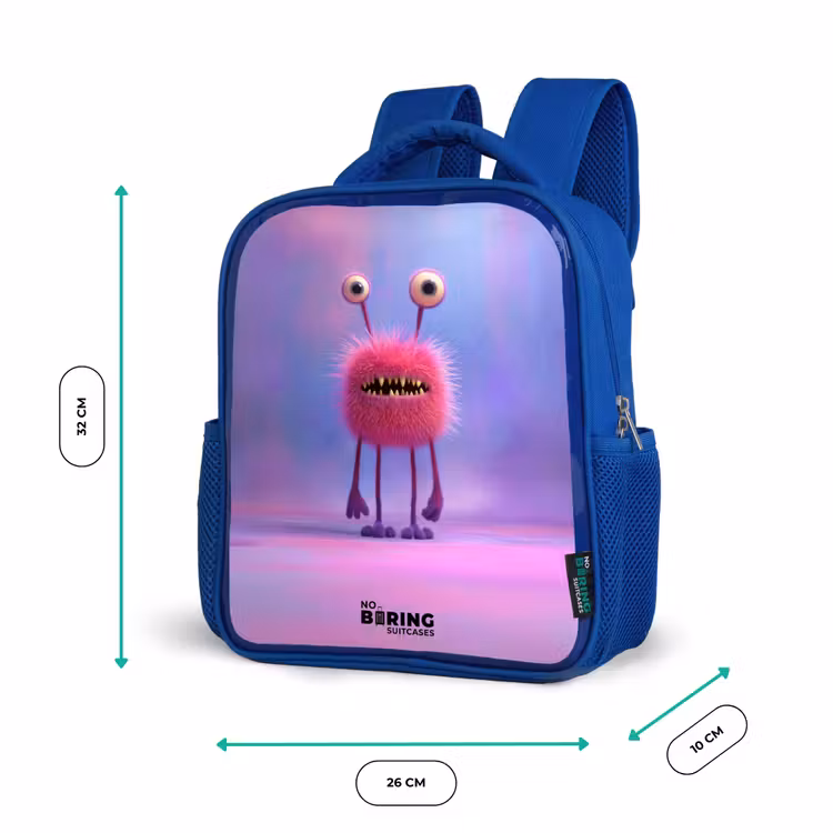 Sac à dos enfant - Bleu - Monstre rose à fourrure avec de grands yeux — 6