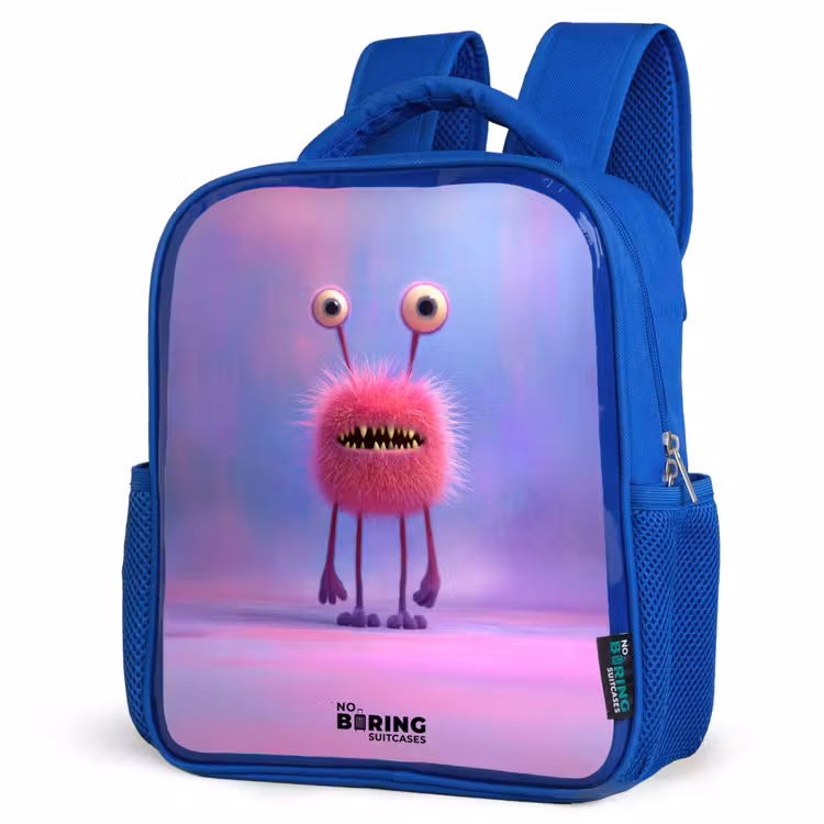 Sac à dos enfant - Bleu - Monstre rose à fourrure avec de grands yeux — 7