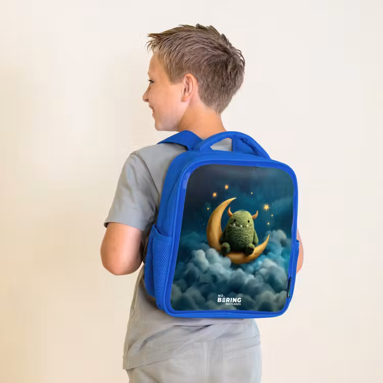 Sac à dos enfant - Bleu - Monstre vert sur croissant de lune — 2