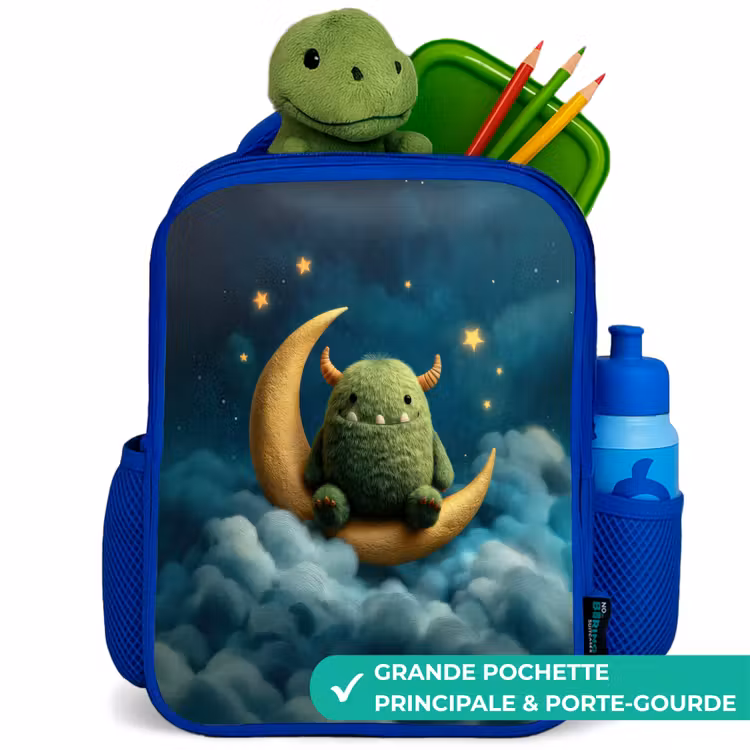 Sac à dos enfant - Bleu - Monstre vert sur croissant de lune — 5