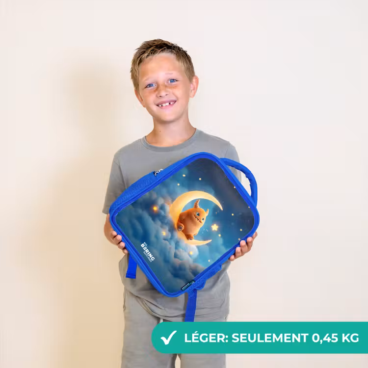 Sac à dos enfant - Bleu - Monstre orange sur croissant de lune — 3