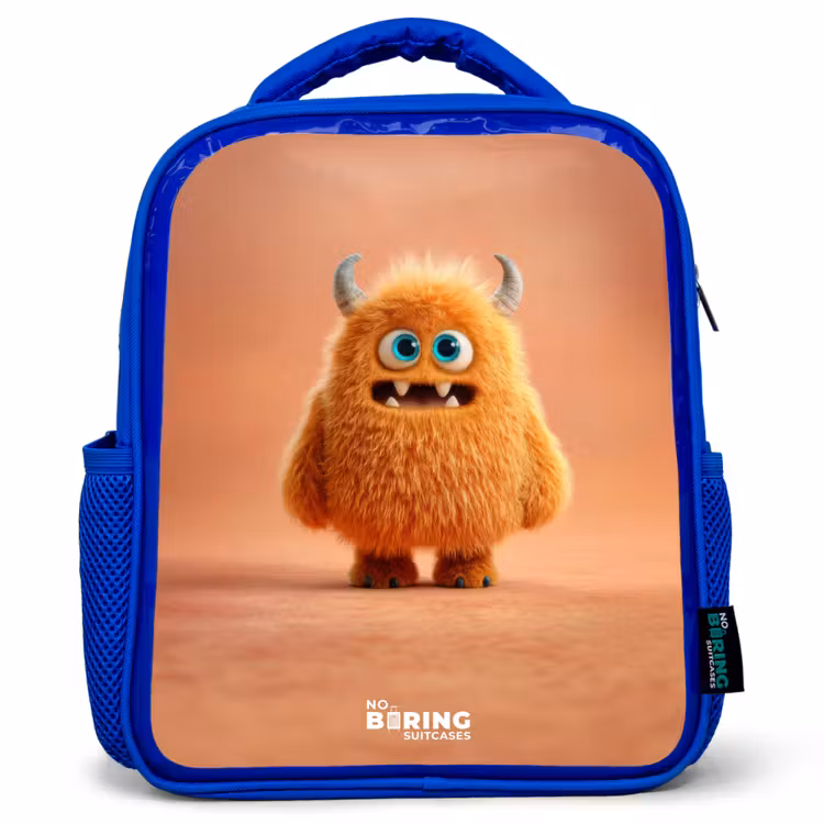 Sac à dos enfant - Bleu - Monstre pelucheux orange avec cornes — 1