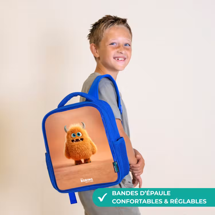 Sac à dos enfant - Bleu - Monstre pelucheux orange avec cornes — 4