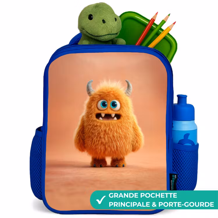 Sac à dos enfant - Bleu - Monstre pelucheux orange avec cornes — 5