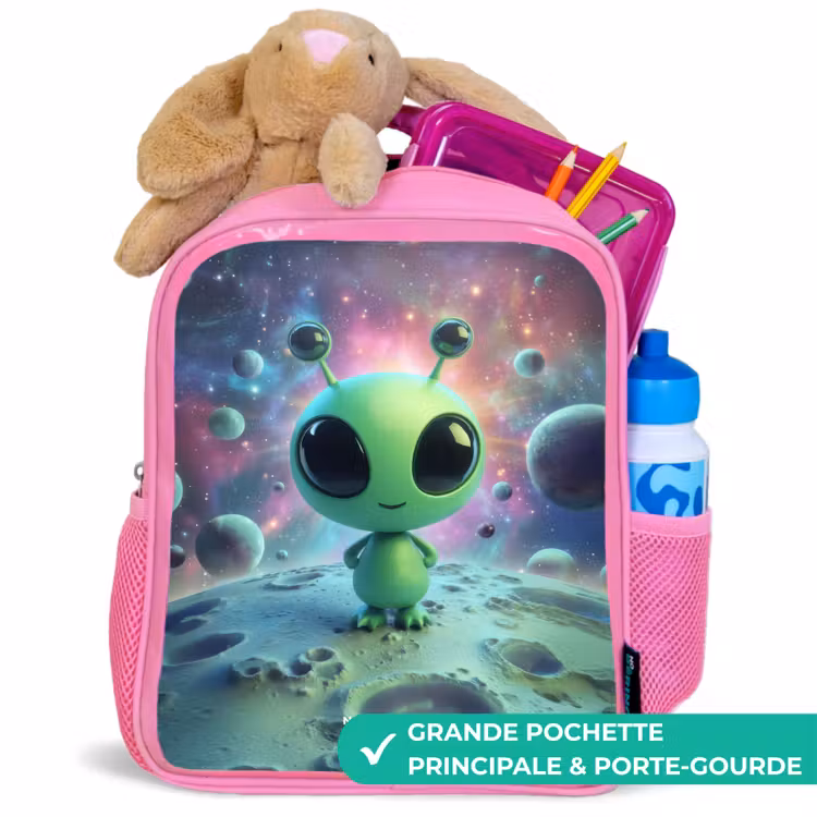 Sac à dos enfant - Rose - Groen buitenaards wezentje op maanlandschap — 2
