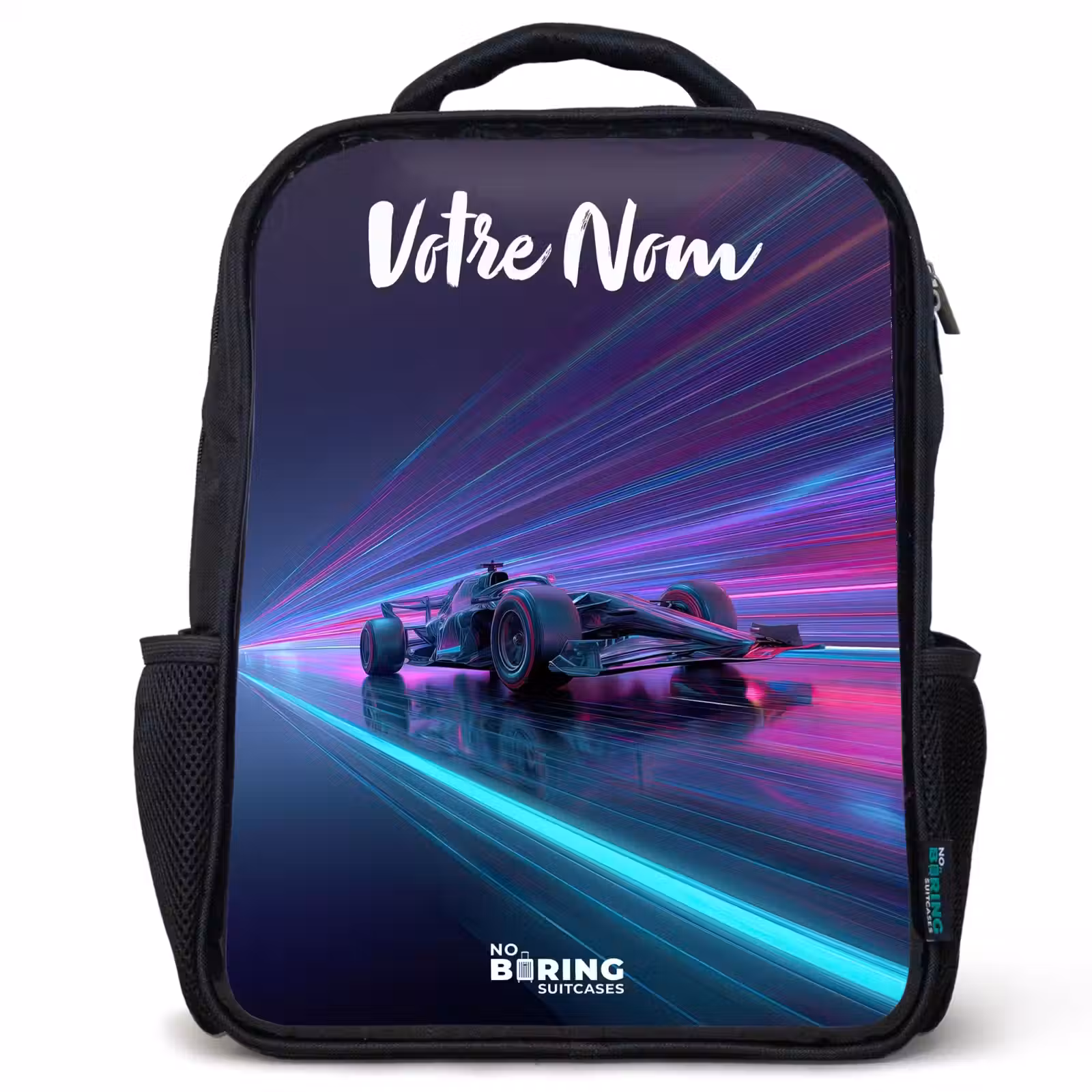 Sac à dos enfant avec votre nom - Noir - Faisceaux lumineux - Néon - Voiture de course - Violet — 1