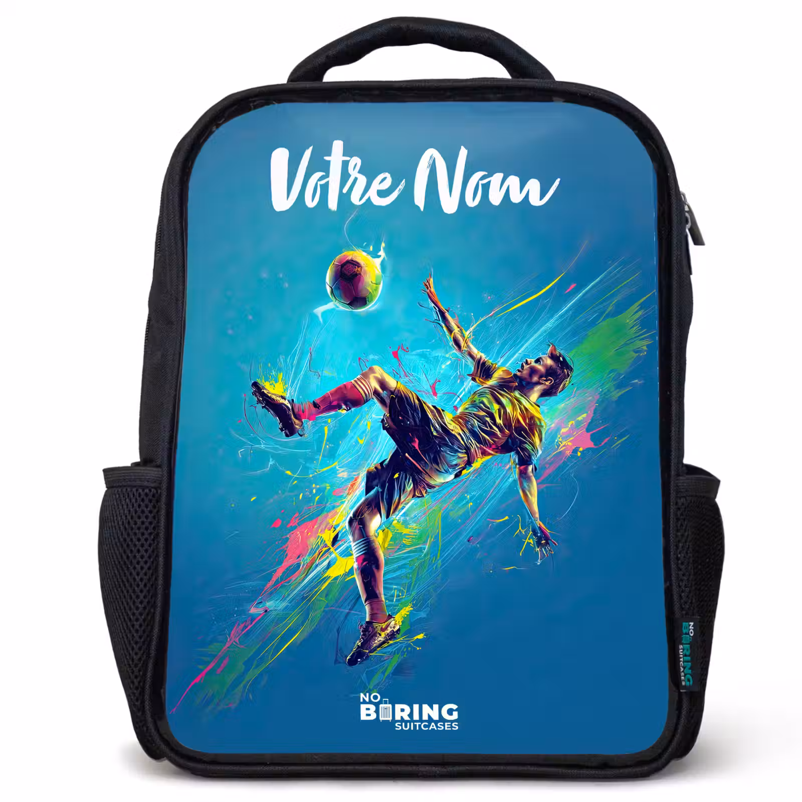 Sac à dos enfant avec votre nom - Noir - Néon - Football - Coup de pied - Coloré — 1
