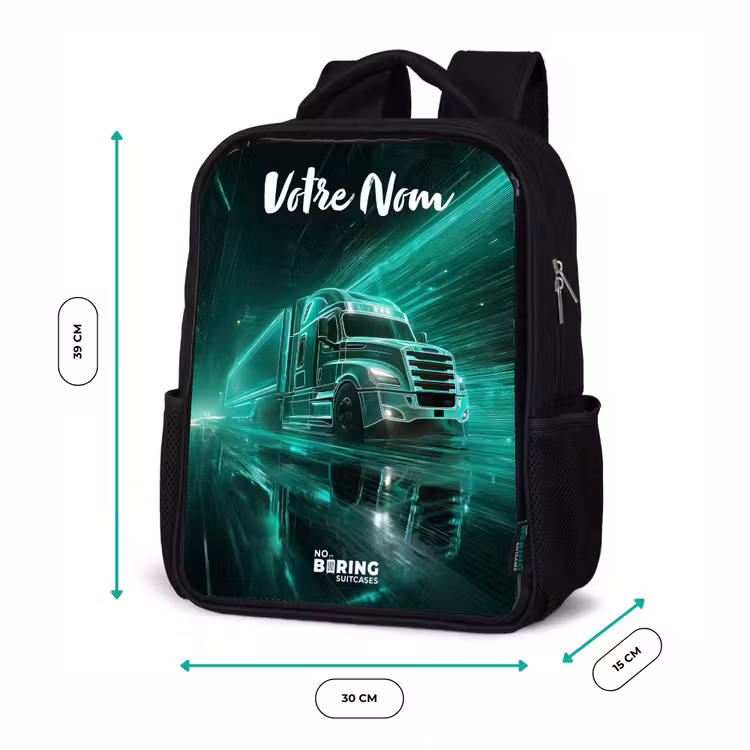 Sac à dos enfant avec votre nom - Noir - Camion - Ville - Vert - Néon — 8