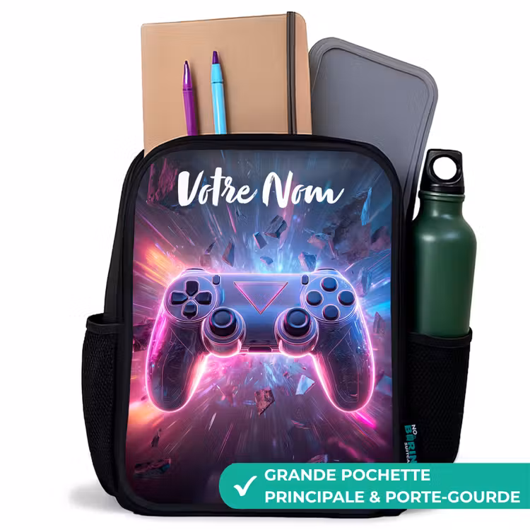 Sac à dos enfant avec votre nom - Noir - Contrôleur - Neon - Jeu — 10