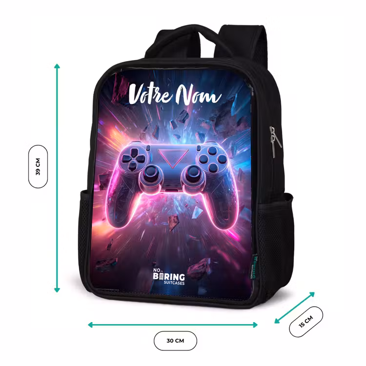 Sac à dos enfant avec votre nom - Noir - Contrôleur - Neon - Jeu — 8