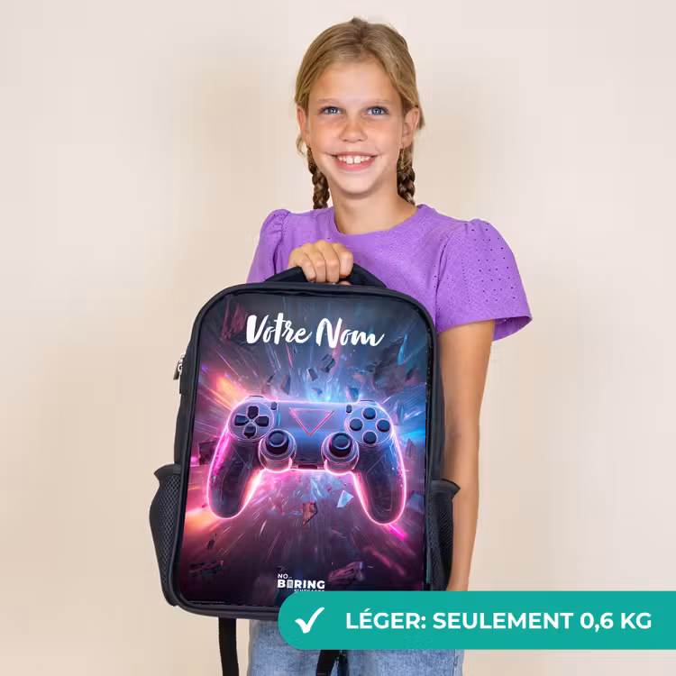 Sac à dos enfant avec votre nom - Noir - Contrôleur - Neon - Jeu — 9