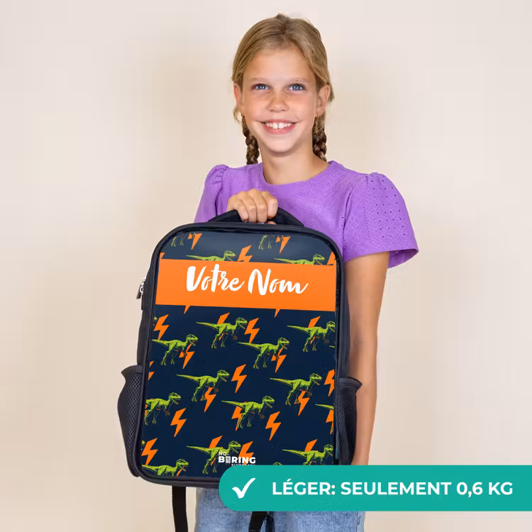 Sac à dos enfant avec votre nom - Noir - Dinos - Foudre - Animaux - Bleu — 9