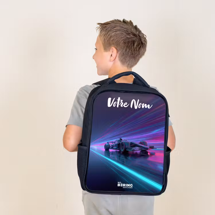 Sac à dos enfant avec votre nom - Noir - Faisceaux lumineux - Néon - Voiture de course - Violet — 2