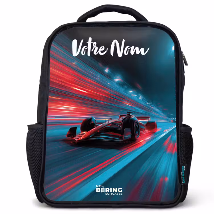 Sac à dos enfant avec votre nom - Noir - Formule 1 - Voiture de course - Rouge - Néons — 1