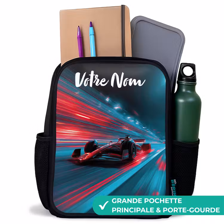 Sac à dos enfant avec votre nom - Noir - Formule 1 - Voiture de course - Rouge - Néons — 10