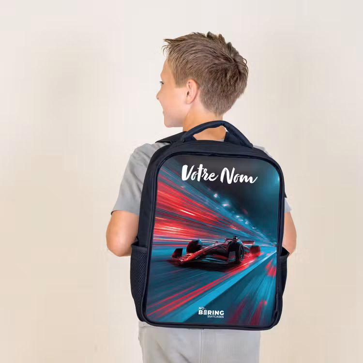 Sac à dos enfant avec votre nom - Noir - Formule 1 - Voiture de course - Rouge - Néons — 2