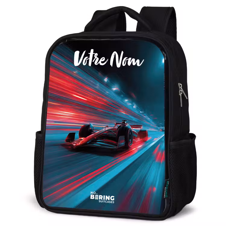Sac à dos enfant avec votre nom - Noir - Formule 1 - Voiture de course - Rouge - Néons — 6