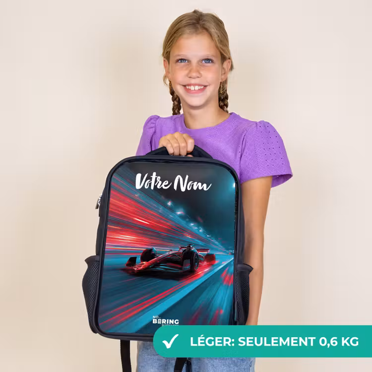 Sac à dos enfant avec votre nom - Noir - Formule 1 - Voiture de course - Rouge - Néons — 9