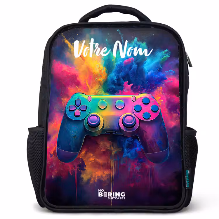 Sac à dos enfant avec votre nom - Noir - Jeu - Contrôleur - Coloré - Explosion — 1