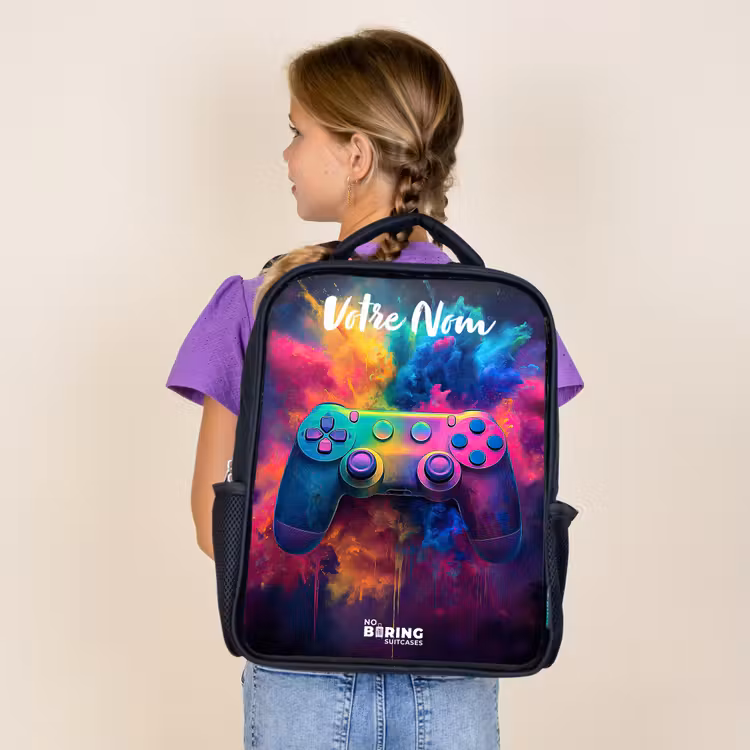 Sac à dos enfant avec votre nom - Noir - Jeu - Contrôleur - Coloré - Explosion — 4