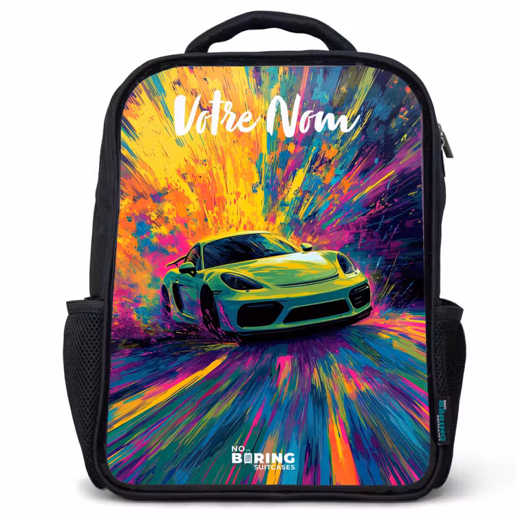 Sac à dos enfant avec votre nom - Noir - Voiture de sport - Vert - Bandes de peinture - Couleurs — 1