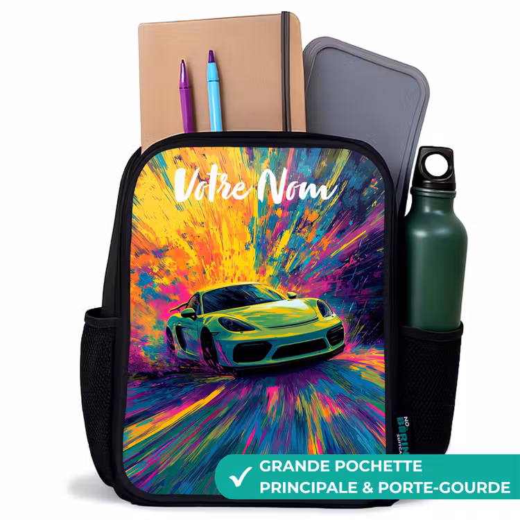 Sac à dos enfant avec votre nom - Noir - Voiture de sport - Vert - Bandes de peinture - Couleurs — 10