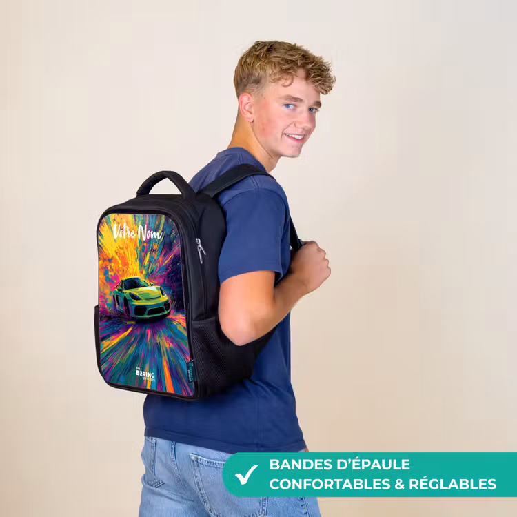 Sac à dos enfant avec votre nom - Noir - Voiture de sport - Vert - Bandes de peinture - Couleurs — 11