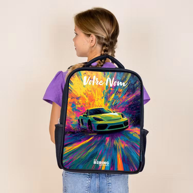 Sac à dos enfant avec votre nom - Noir - Voiture de sport - Vert - Bandes de peinture - Couleurs — 4