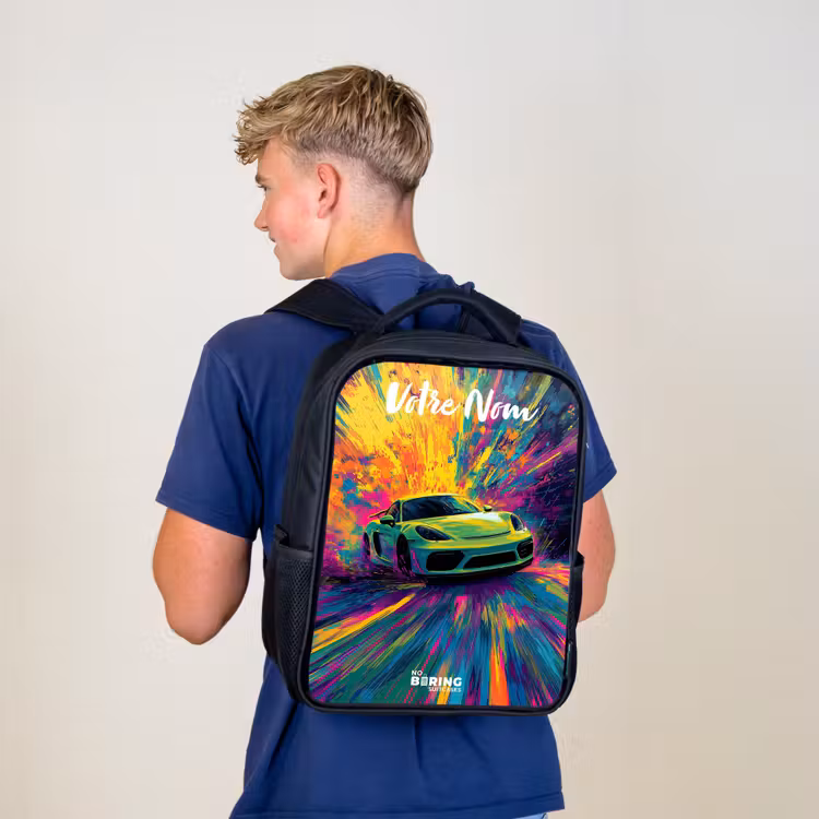 Sac à dos enfant avec votre nom - Noir - Voiture de sport - Vert - Bandes de peinture - Couleurs — 5