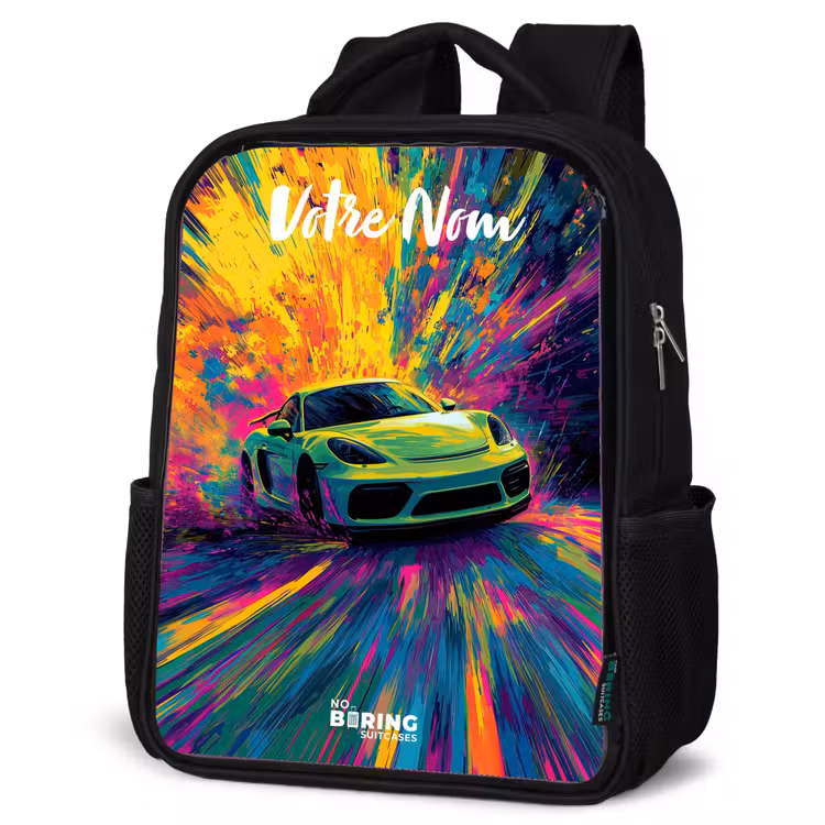 Sac à dos enfant avec votre nom - Noir - Voiture de sport - Vert - Bandes de peinture - Couleurs — 6