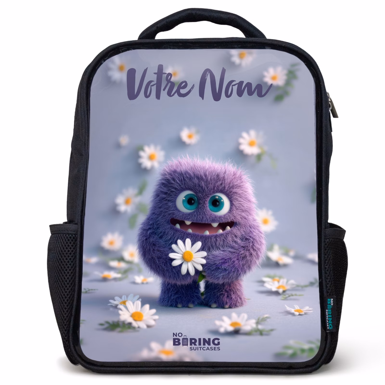 Sac à dos enfant avec votre nom - Noir - Ami pelucheux violet avec marguerite — 1