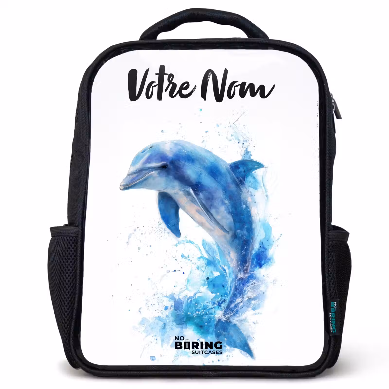 Sac à dos enfant avec votre nom - Noir - Dauphin bleu sauteur — 1