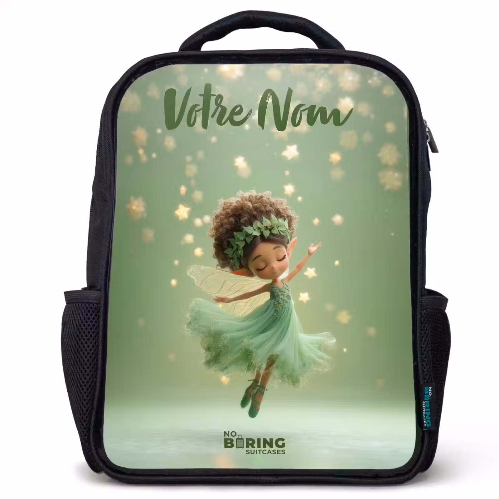 Sac à dos enfant avec votre nom - Noir - Fée dansante dans la lumière verte — 1