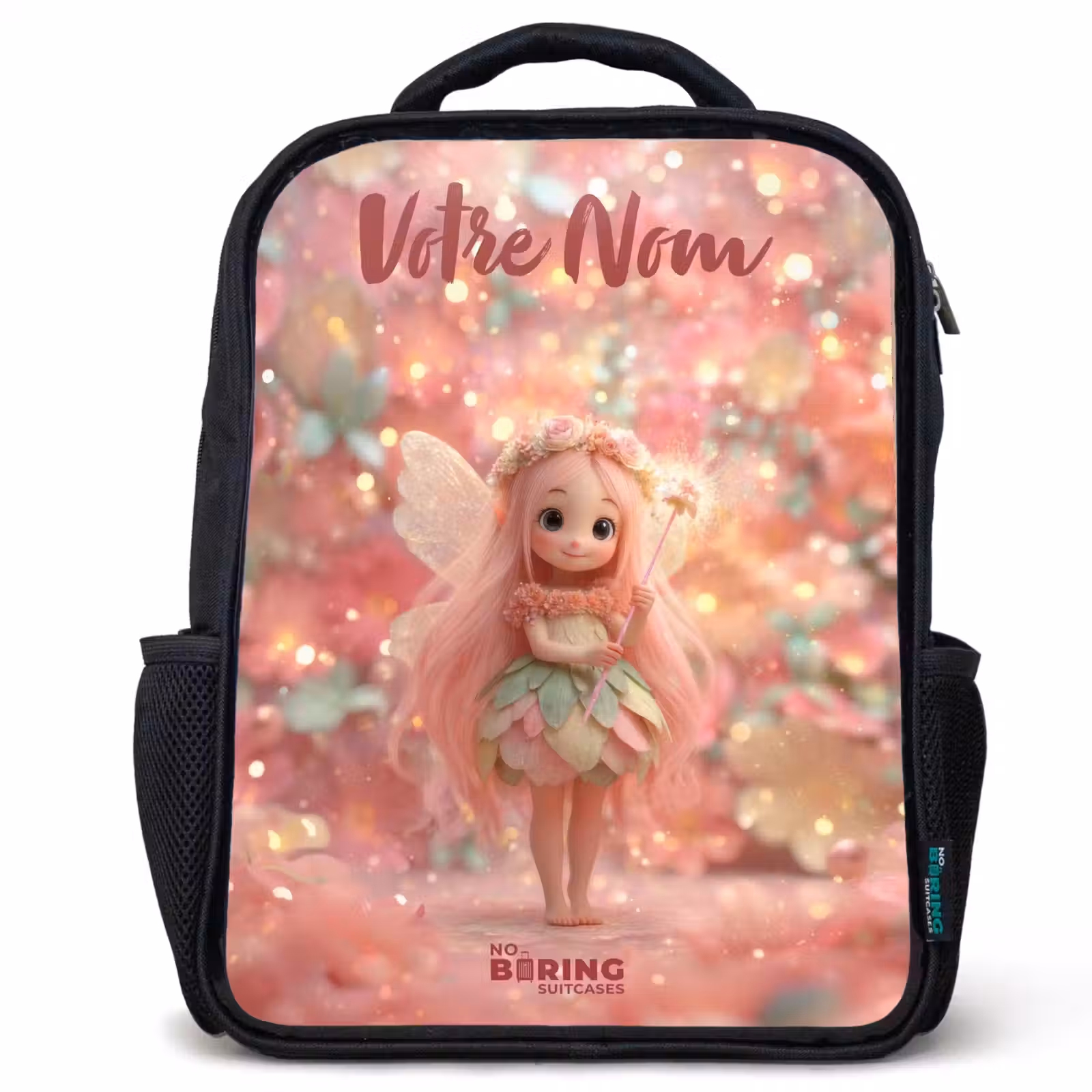Sac à dos enfant avec votre nom - Noir - Fée des fleurs dans un monde de conte de fées rose — 1