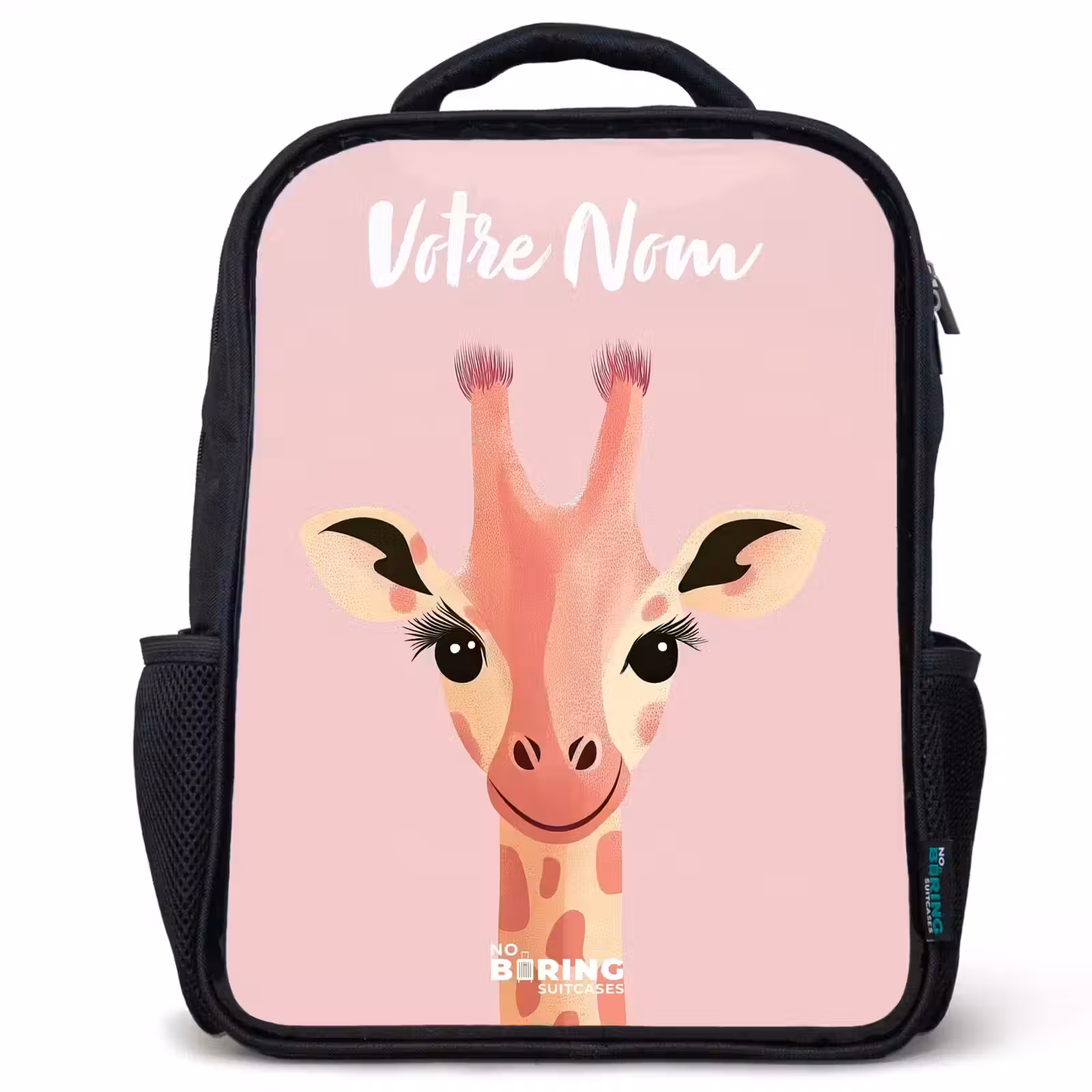 Sac à dos enfant avec votre nom - Noir - Girafe - Cils - Minimaliste - Rose — 1