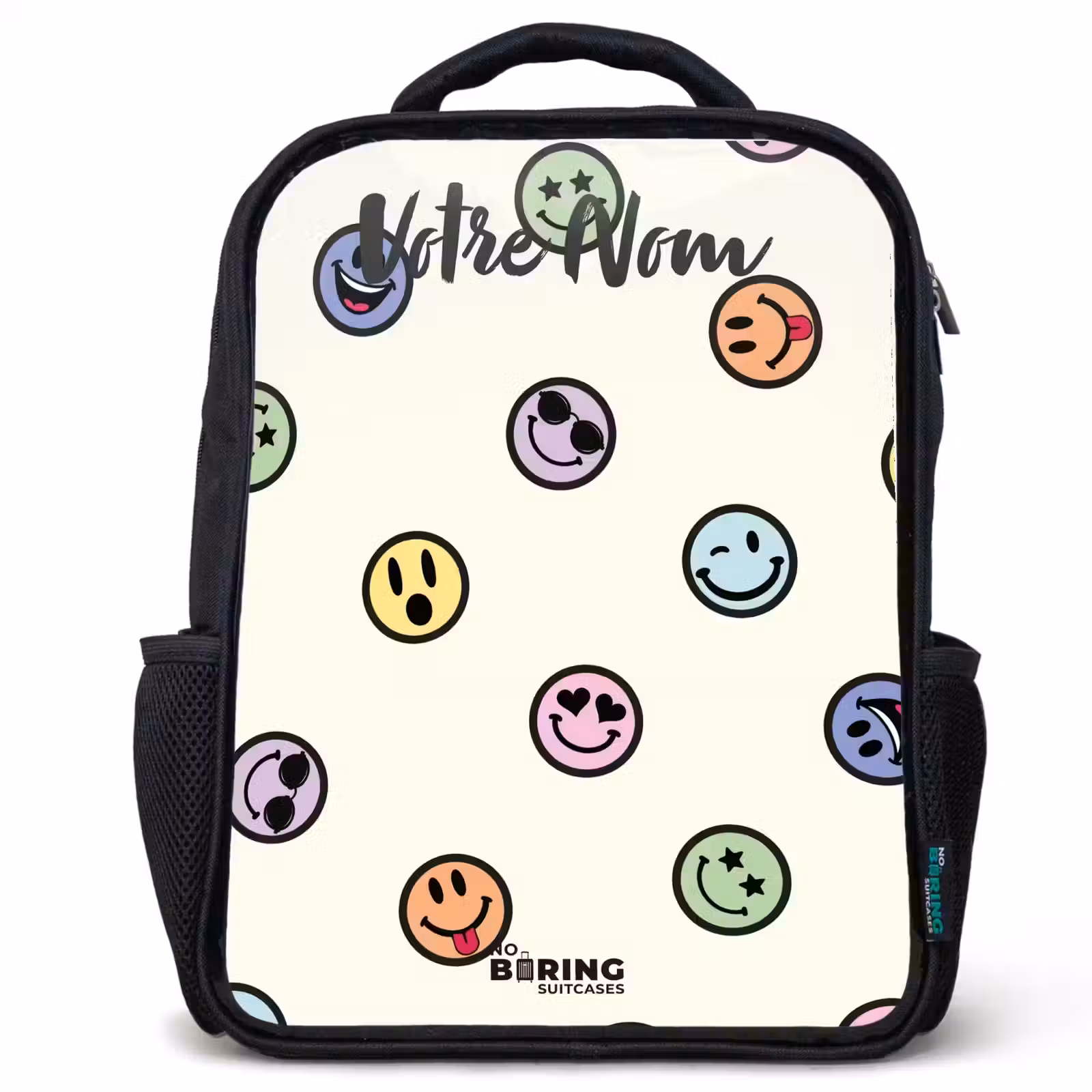 Sac à dos enfant avec votre nom - Noir - Mélange de smileys espiègles — 1