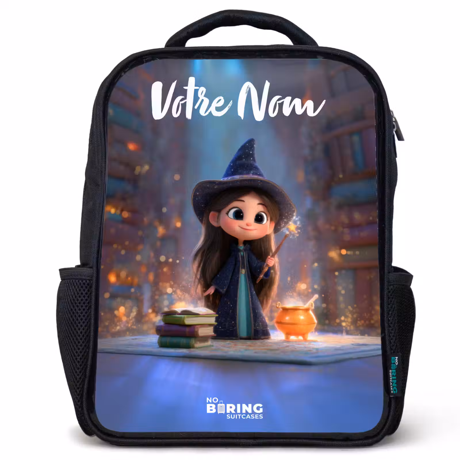 Sac à dos enfant avec votre nom - Noir - Petite enchanteresse dans la bibliothèque — 1