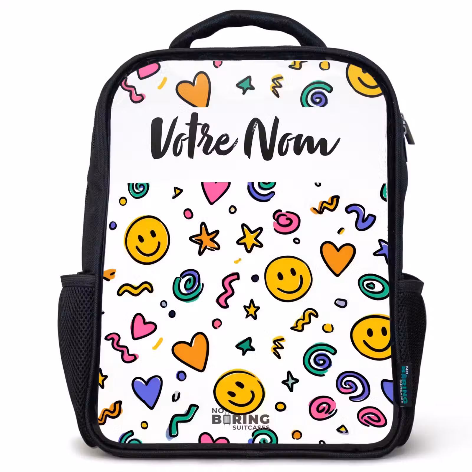 Sac à dos enfant avec votre nom - Noir - Smiley - Coeur - Étoile — 1