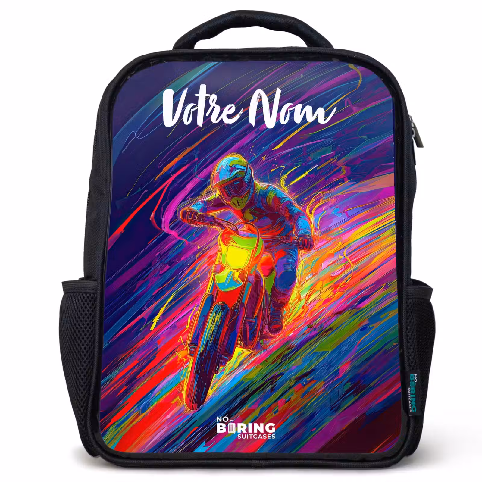 Sac à dos enfant avec votre nom - Noir - Vélo de cross - Couleurs néon - Lignes - Casque — 1