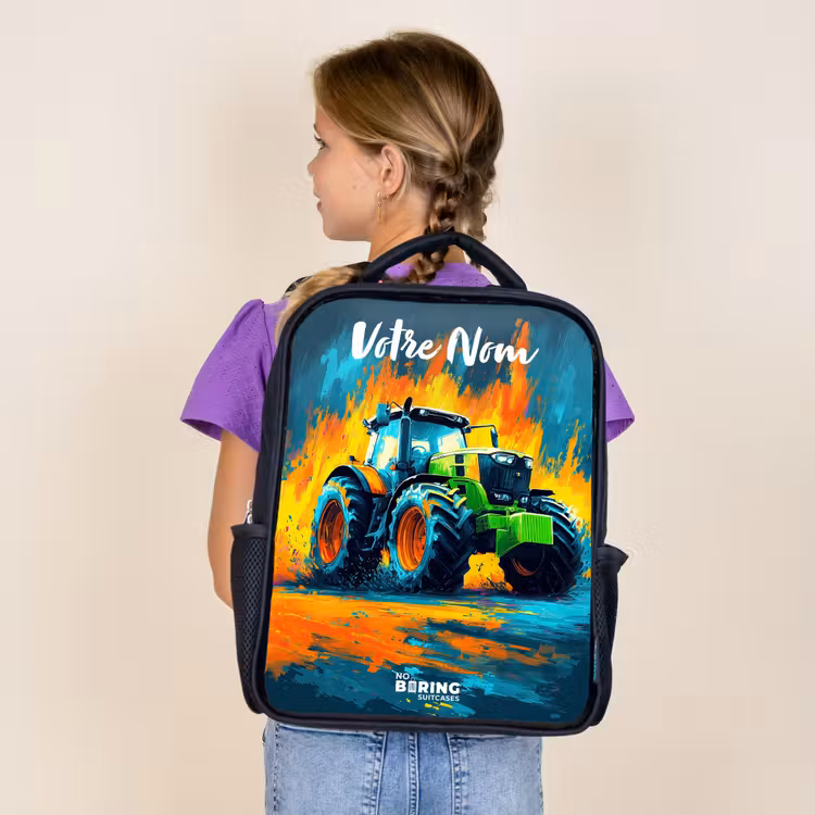 Sac à dos enfant avec votre nom - Noir - Abstrait - Tracteur - Vert — 4