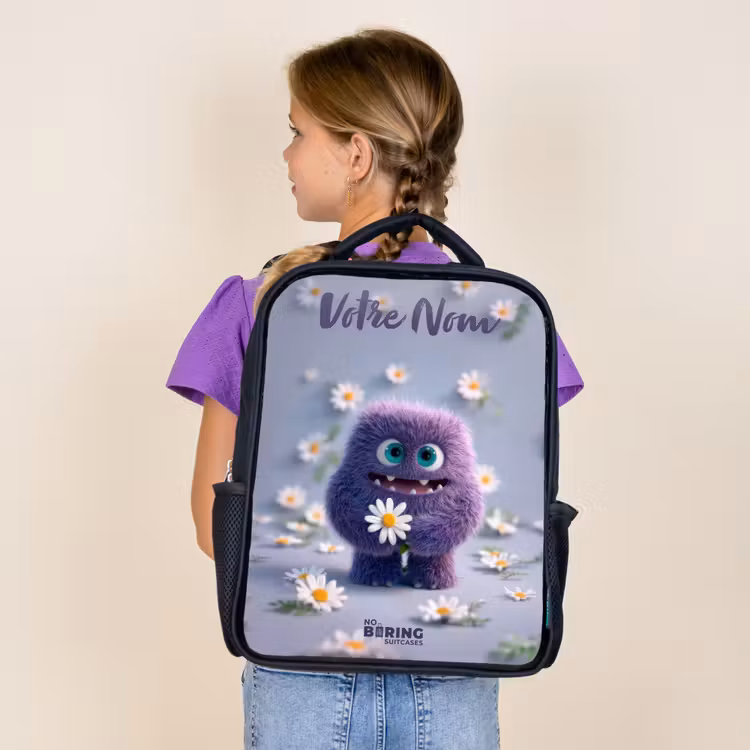 Sac à dos enfant avec votre nom - Noir - Ami pelucheux violet avec marguerite — 4