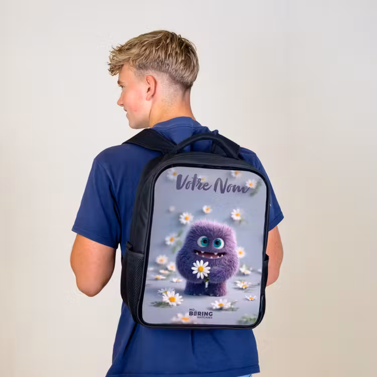 Sac à dos enfant avec votre nom - Noir - Ami pelucheux violet avec marguerite — 5