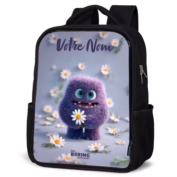 Sac à dos enfant avec votre nom - Noir - Ami pelucheux violet avec marguerite — 6